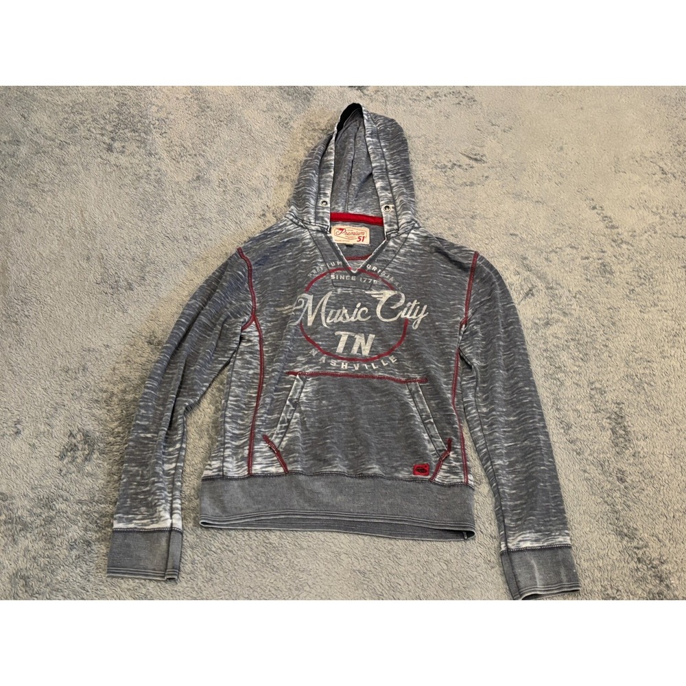 Premium 51 Red Thread Series Hoodie Nashville Music City Grey Burnout Mens Small